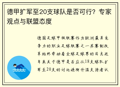 德甲扩军至20支球队是否可行？专家观点与联盟态度